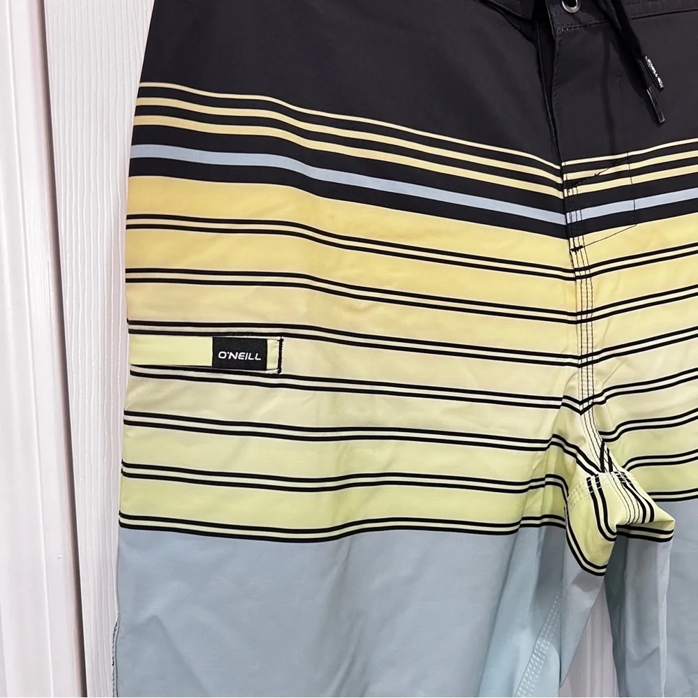 O'Neill Boardshort Swim‎ Shorts Men's Size 32 Striped Black Teal Green Unlined